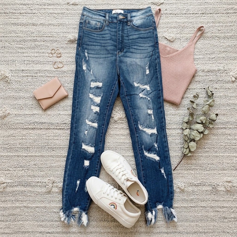 KanCan Signature Skye High Ankle Skinny Jeans Distressed Frayed Hem Blue Size 26
